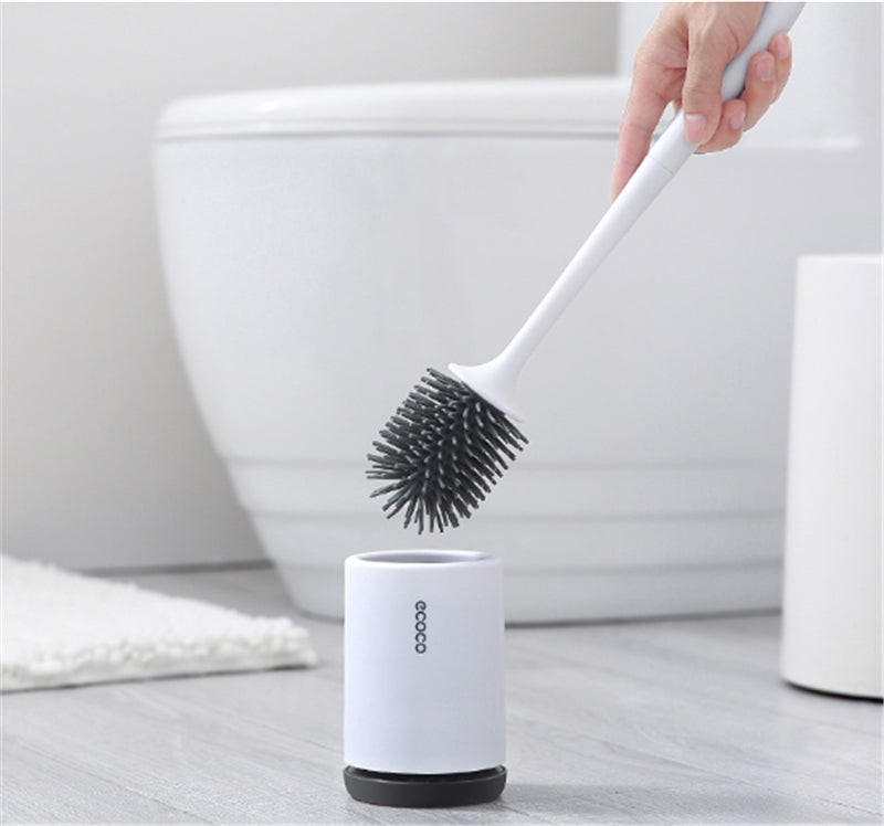 "Hygienic silicone toilet brush with holder, non-scratch bristles, white handle, wall-mounted and floor-standing options."