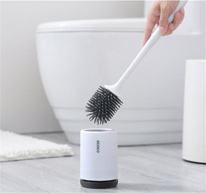 "Hygienic silicone toilet brush with holder, non-scratch bristles, white handle, wall-mounted and floor-standing options."
