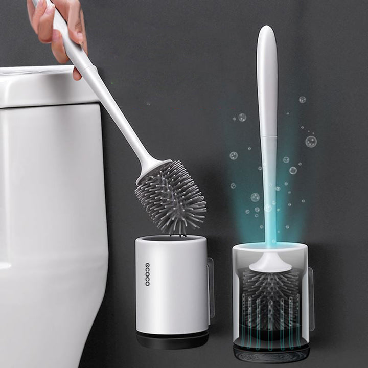 "Hygienic silicone toilet brush with holder, non-scratch bristles, white handle, wall-mounted and floor-standing options."