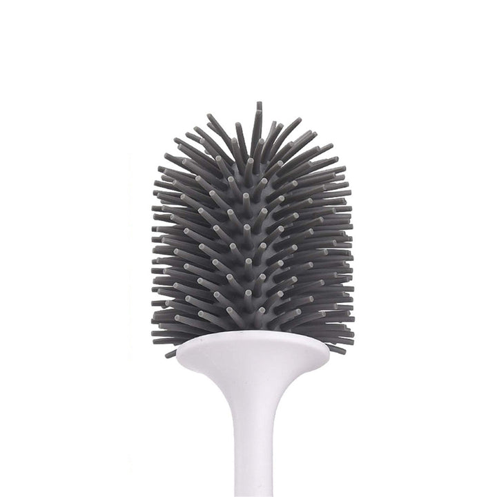 "Hygienic silicone toilet brush with holder, non-scratch bristles, white handle, wall-mounted and floor-standing options."