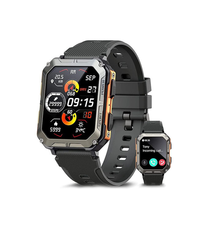 Indestructible smartwatch for extreme conditions, stainless steel case, gorilla glass, shock-resistant, rugged design.