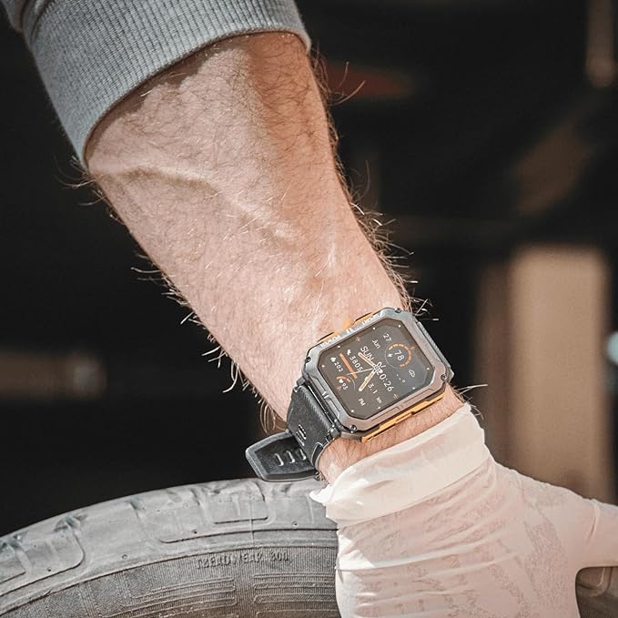 Indestructible smartwatch for extreme conditions, stainless steel case, gorilla glass, shock-resistant, rugged design.