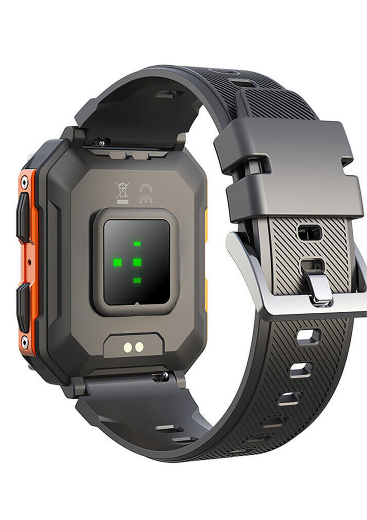 Indestructible smartwatch for extreme conditions, stainless steel case, gorilla glass, shock-resistant, rugged design.