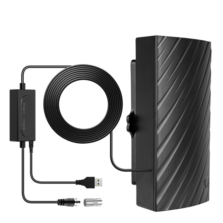 "Indoor 4K HDTV antenna, sleek black design, up to 600 miles range, with coaxial cable, fits modern living spaces."