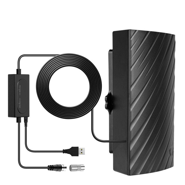 "Indoor 4K HDTV antenna, sleek black design, up to 600 miles range, with coaxial cable, fits modern living spaces."