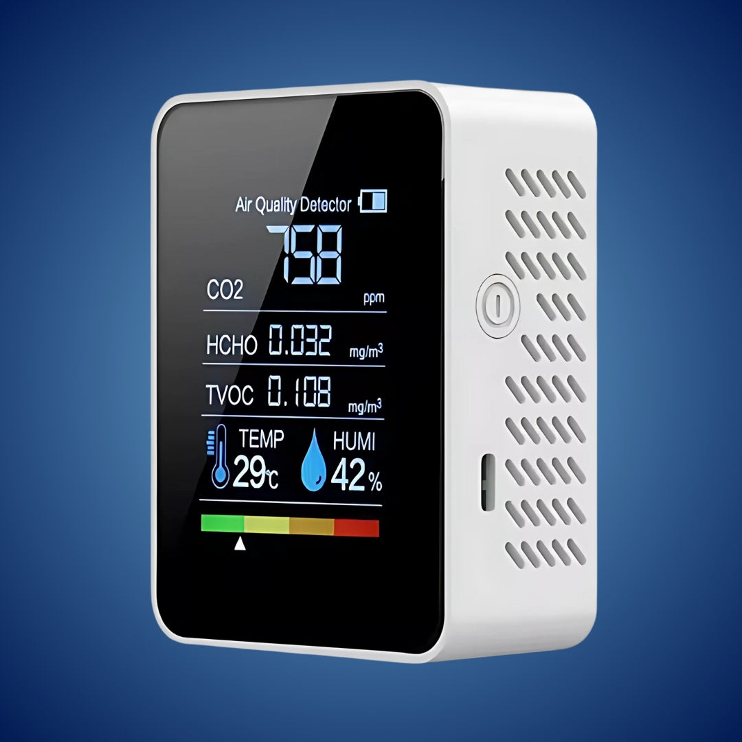 Indoor Air Quality Monitor displaying real-time CO2 levels. Essential for home & office health.