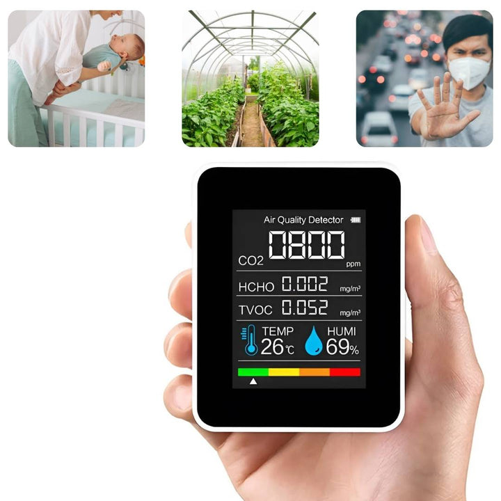 Compact digital indoor air quality detector with a clear display for carbon dioxide levels.
