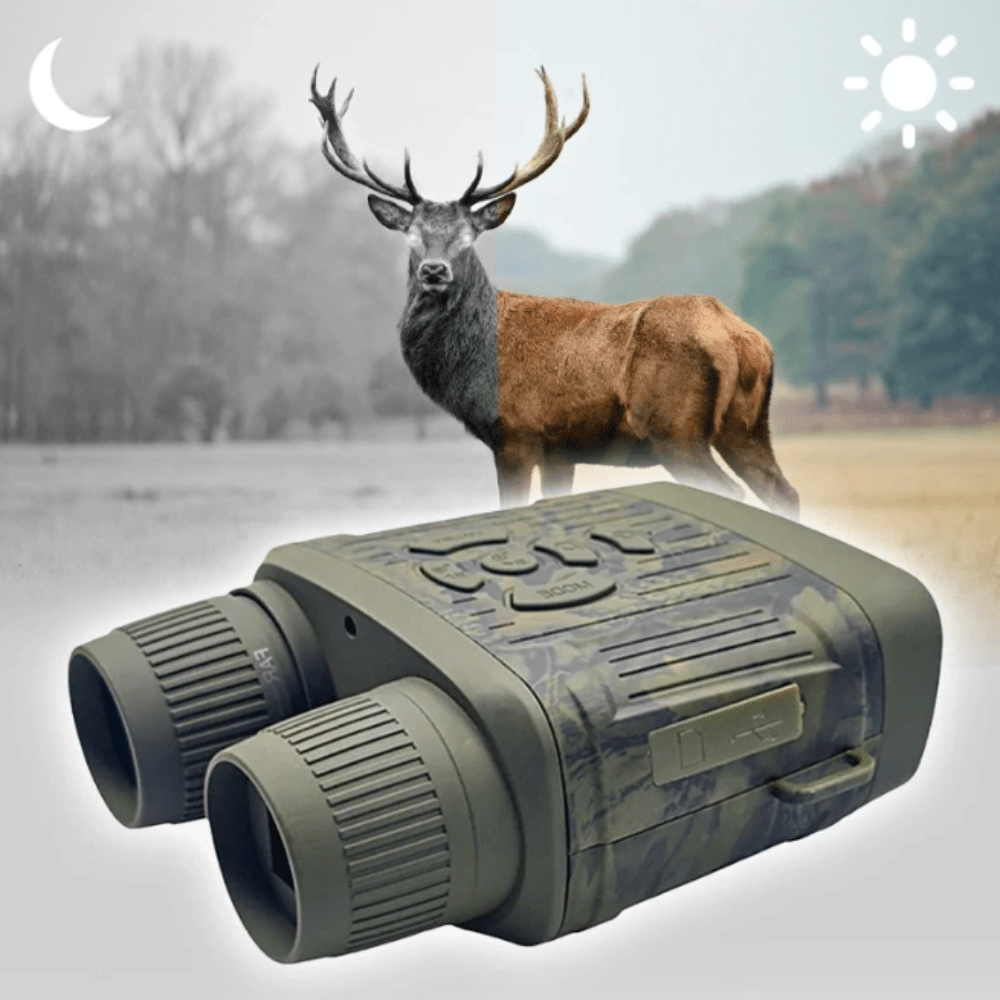 Infrared night vision binoculars with HD display, 305m range, rugged and compact design, for wildlife and night patrol use.