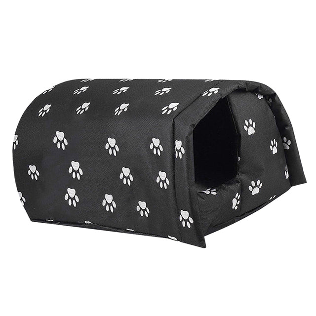 "Insulated waterproof outdoor cat house with all-weather protection, cozy interior, and removable cushion for easy cleaning."