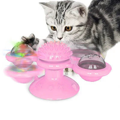 "Interactive cat windmill toy with vibrant colors, rotating design, and scratching surface for playful and dental health bene