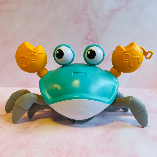 Interactive dancing crab toy for dogs with vibrant colors, glowing eyes, and musical features to engage pets in active play.