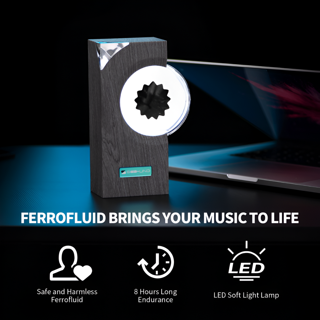 "Interactive ferrofluid sound visualizer with dynamic magnetic liquid display, ideal for music enthusiasts and artists."