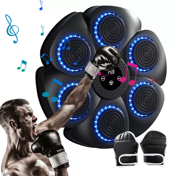 Interactive fitness boxing pad with RGB LED lights, Bluetooth, adjustable speed, and durable ABS material for home workouts.