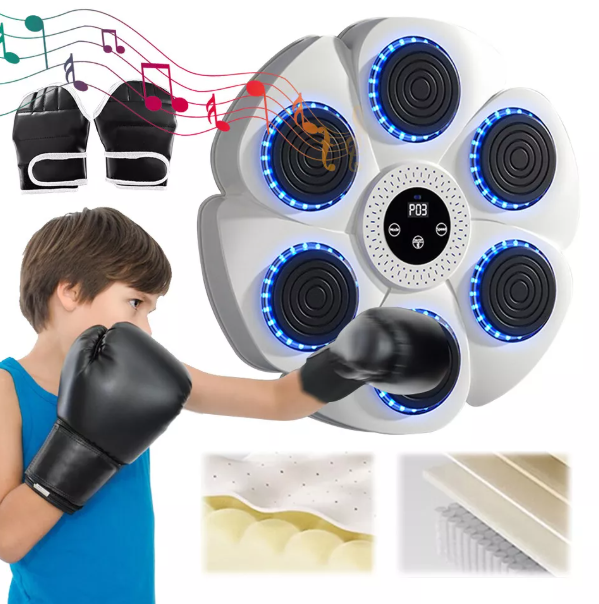 Interactive fitness boxing pad with RGB LED lights, Bluetooth, adjustable speed, and durable ABS material for home workouts.