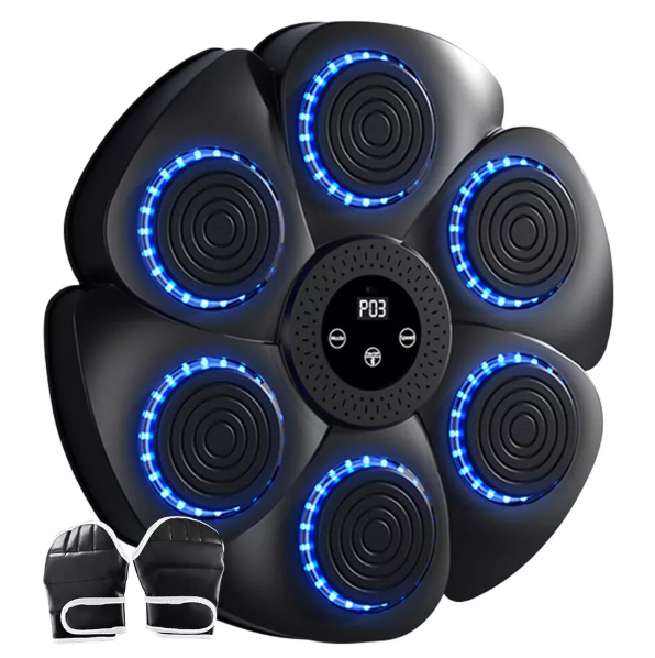 Interactive fitness boxing pad with RGB LED lights, Bluetooth, adjustable speed, and durable ABS material for home workouts.