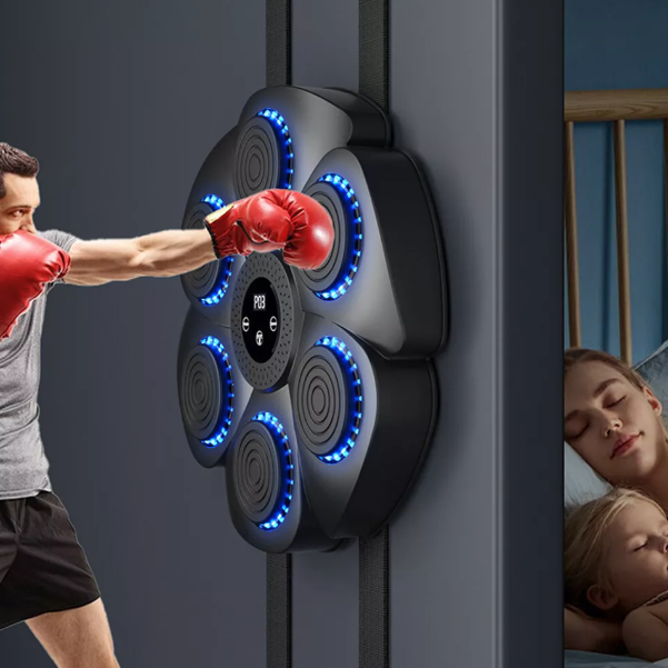 Interactive fitness boxing pad with RGB LED lights, Bluetooth, adjustable speed, and durable ABS material for home workouts.