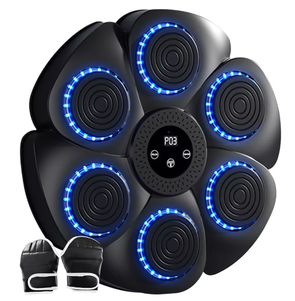 Interactive fitness boxing pad with RGB LED lights, Bluetooth, adjustable speed, and durable ABS material for home workouts.