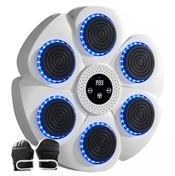 Interactive fitness boxing pad with RGB LED lights, Bluetooth, adjustable speed, and durable ABS material for home workouts.