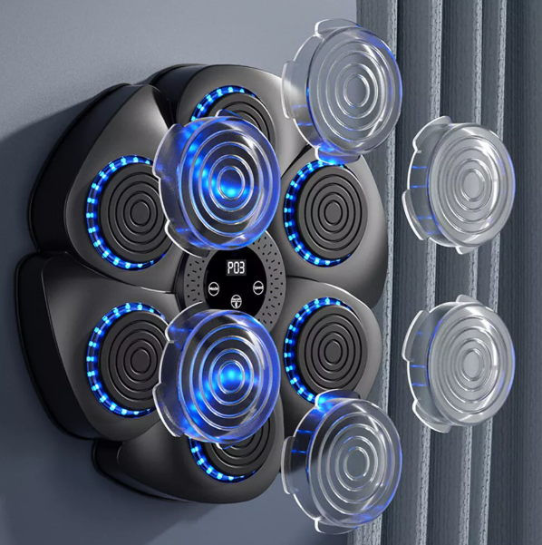 Interactive fitness boxing pad with RGB LED lights, Bluetooth, adjustable speed, and durable ABS material for home workouts.