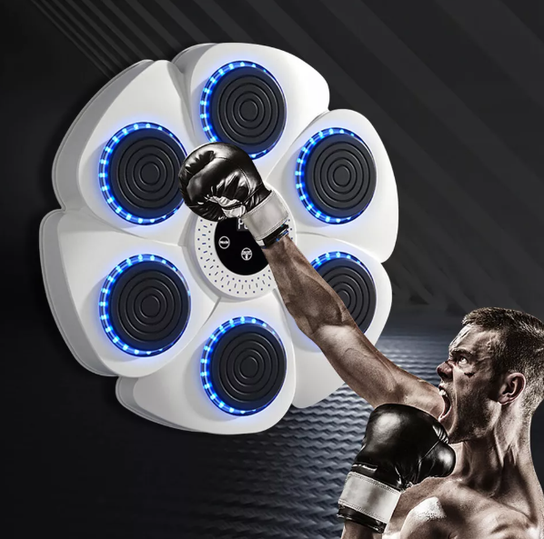 Interactive fitness boxing pad with RGB LED lights, Bluetooth, adjustable speed, and durable ABS material for home workouts.