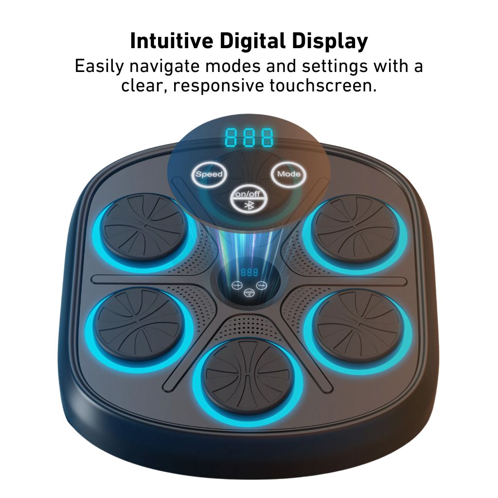 "Interactive music boxing trainer with digital display and smartphone connectivity, front view in a home gym setting."