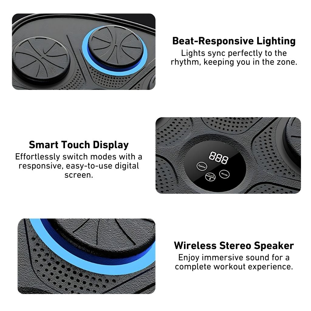 "Interactive music boxing trainer with digital display and smartphone connectivity, front view in a home gym setting."