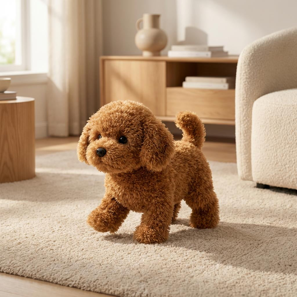 Interactive plush puppy toy, perfect for kids. A soft, moving electronic dog, great for play.