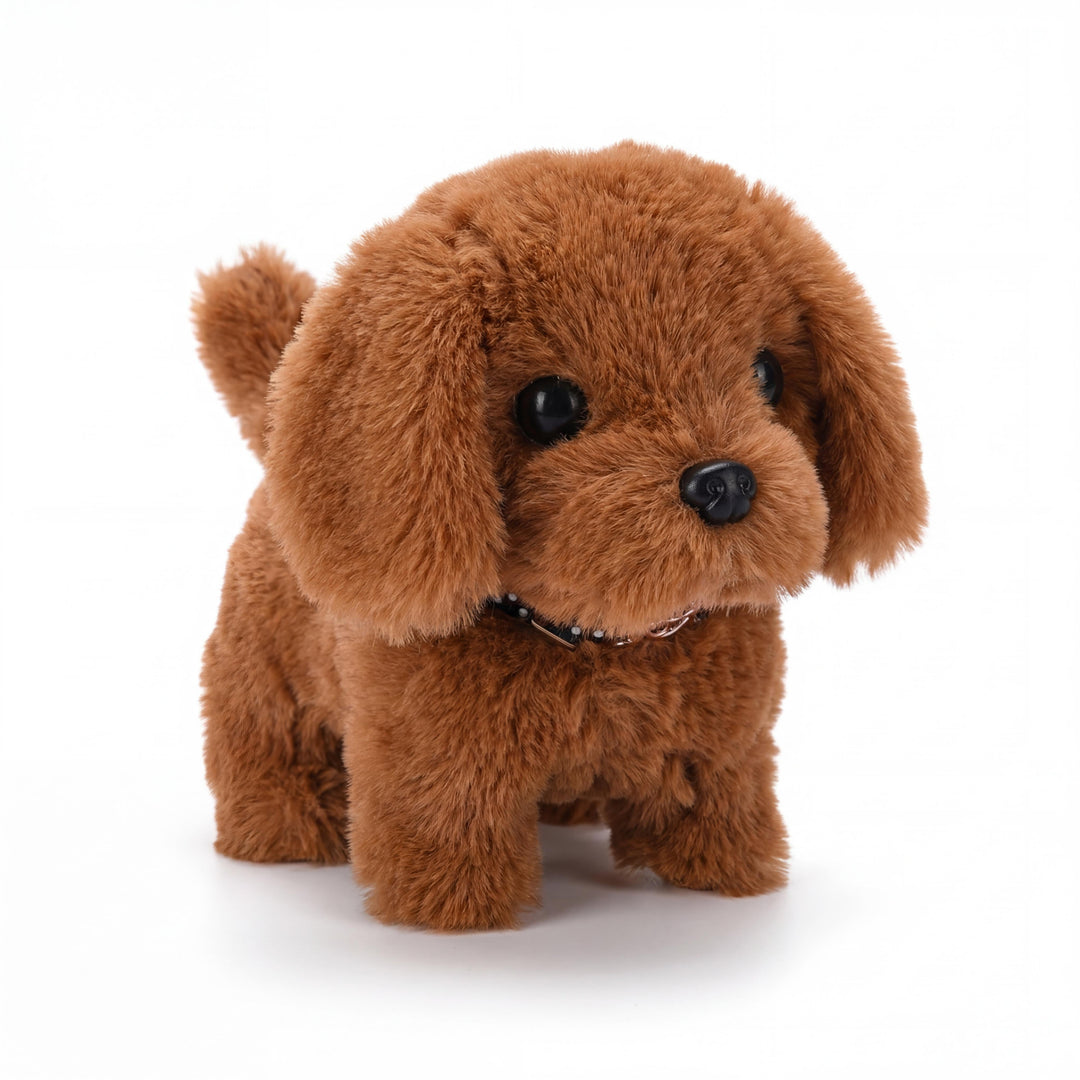 Cute moving plush puppy toy for children. This realistic electronic dog walks, barks, and wags its tail.