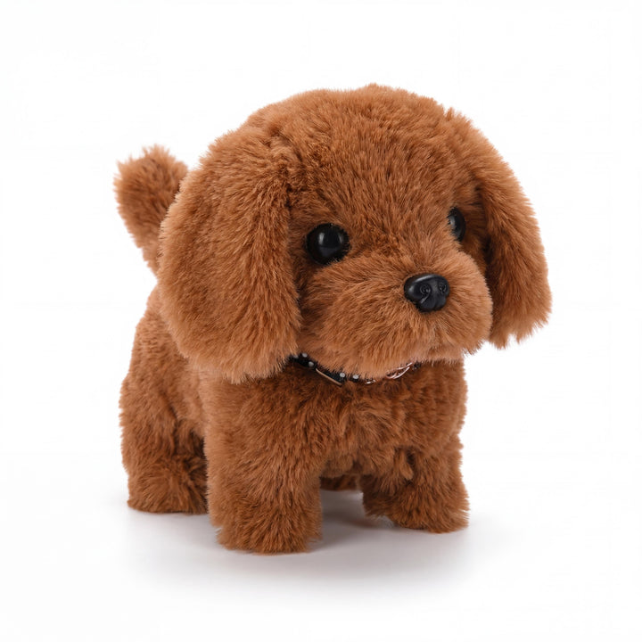Cute moving plush puppy toy for children. This realistic electronic dog walks, barks, and wags its tail.