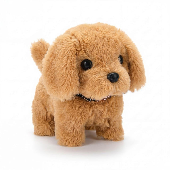 Walking plush puppy toy, an interactive electronic dog for kids. Soft and cuddly, this toy barks and moves.
