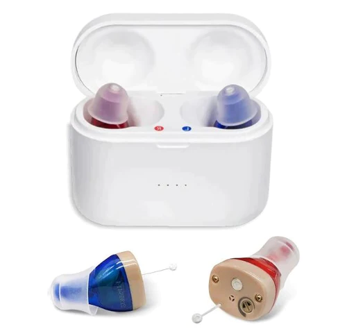 "Invisible rechargeable digital hearing aids, sleek design in ear, off-white color, offer discreet sound clarity and comfort.
