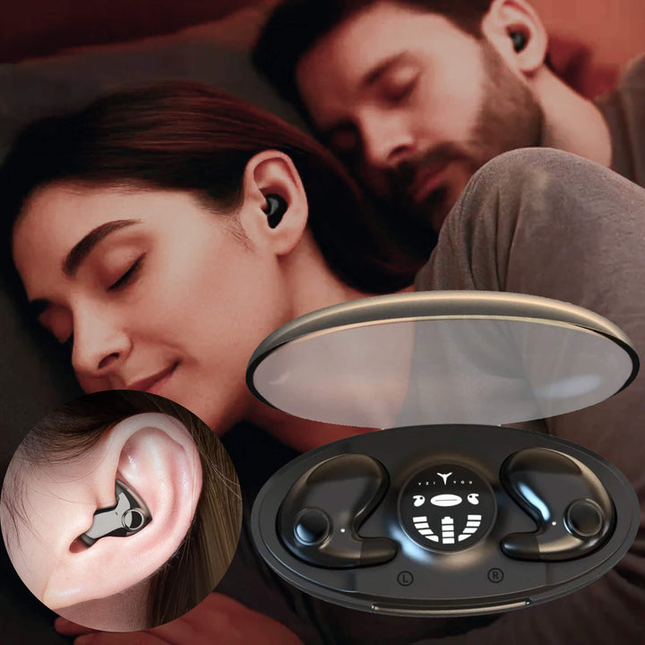 Invisible wireless sleep headphones, ergonomic fit for side sleepers, Bluetooth 5.3, IPX5 waterproof, lightweight design.