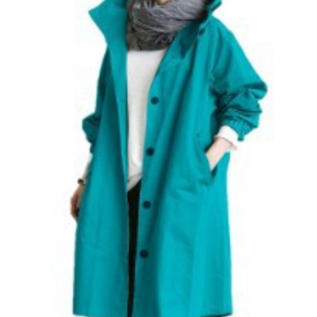 Close-up of the adjustable hood on Isabelle women's stylish long trench coat, ideal for rain.