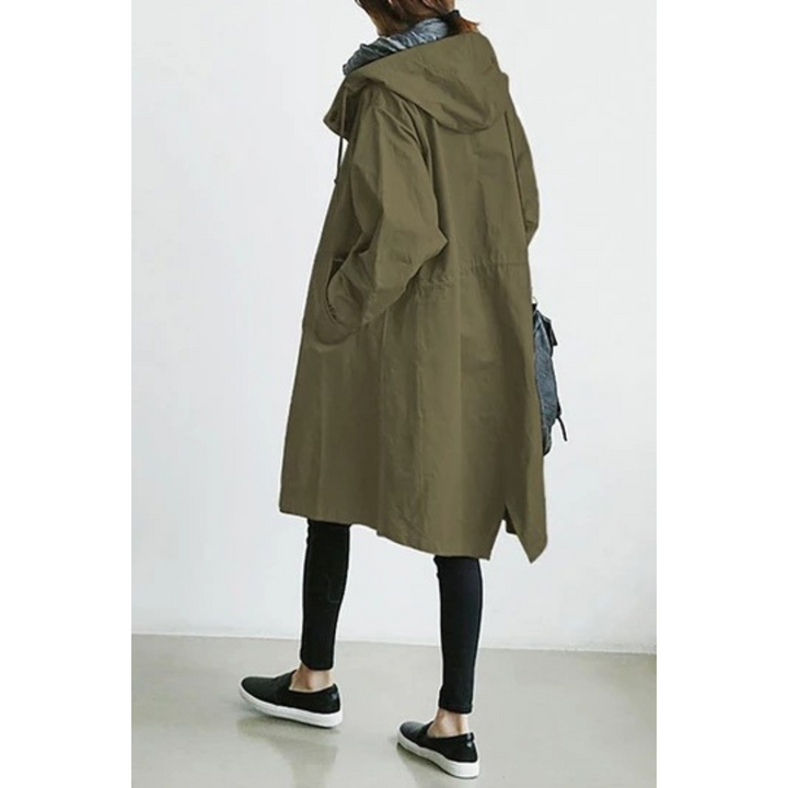 Full-length view of the Isabelle women's long trench coat, an elegant hooded jacket for outerwear.