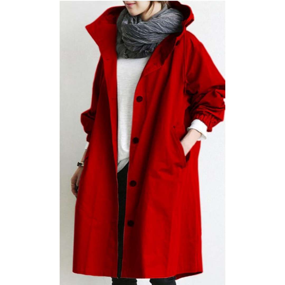Stylish women's weatherproof long trench coat with hood. Fashionable and functional outerwear.