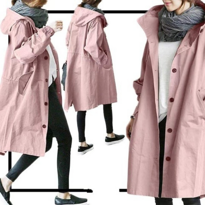 Beige Isabelle women's long hooded trench coat, a classic and elegant fall fashion raincoat.