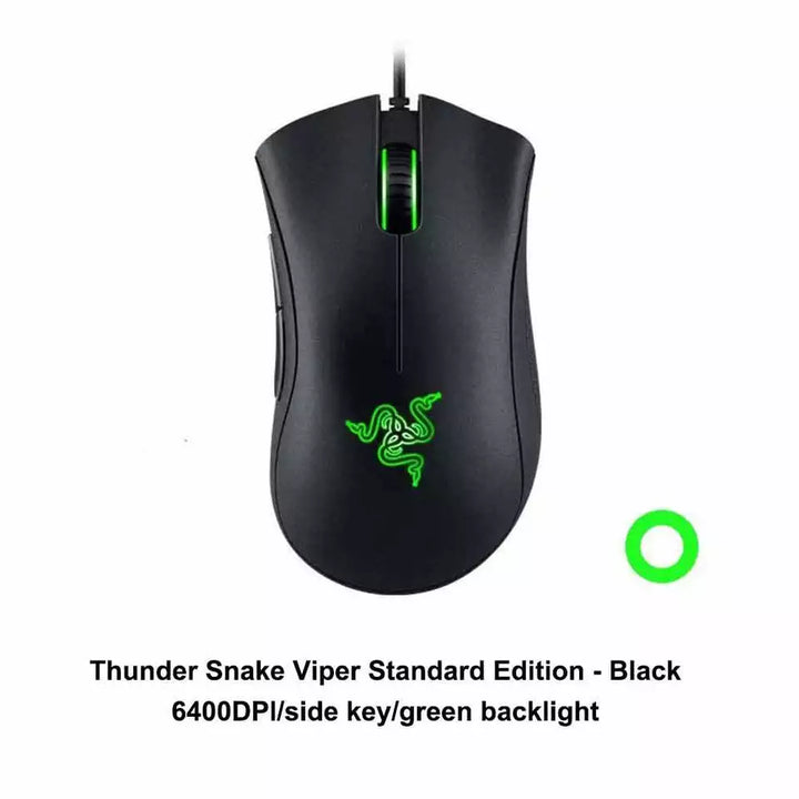"Jet Black ergonomic optical gaming mouse with contoured design, precision 6,400 DPI sensor, and responsive buttons for gamer