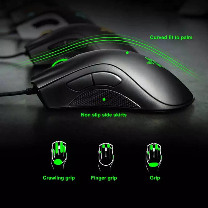 "Jet Black ergonomic optical gaming mouse with contoured design, precision 6,400 DPI sensor, and responsive buttons for gamer