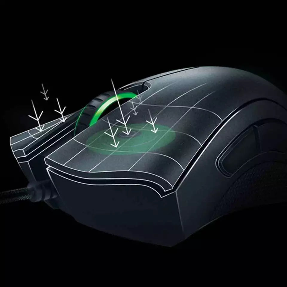 "Jet Black ergonomic optical gaming mouse with contoured design, precision 6,400 DPI sensor, and responsive buttons for gamer