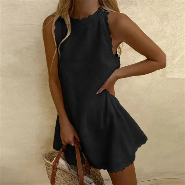 Karina Linen women's casual O-neck dress with red trim, comfortable and stylish for summer.