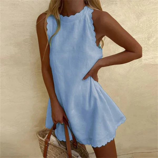 Comfortable Karina Linen O-neck casual dress for women, versatile everyday chic & summer style.