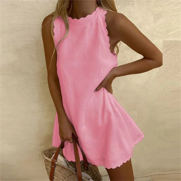 Red cotton O-neck Karina Linen dress, a comfortable and elegant knee-length casual women's summer dress.
