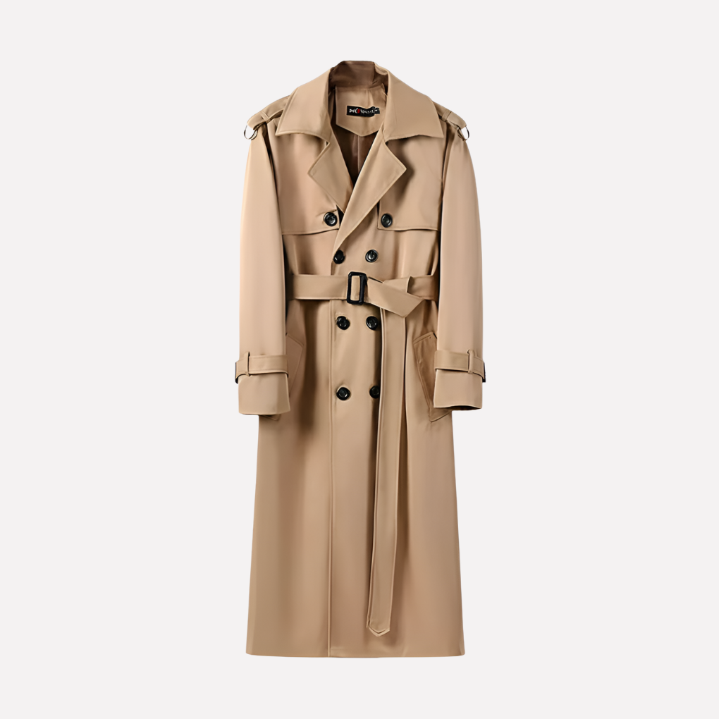 Khaki men's classic over-the-knee belted trench coat, ideal for stylish fall & winter business casual outerwear.
