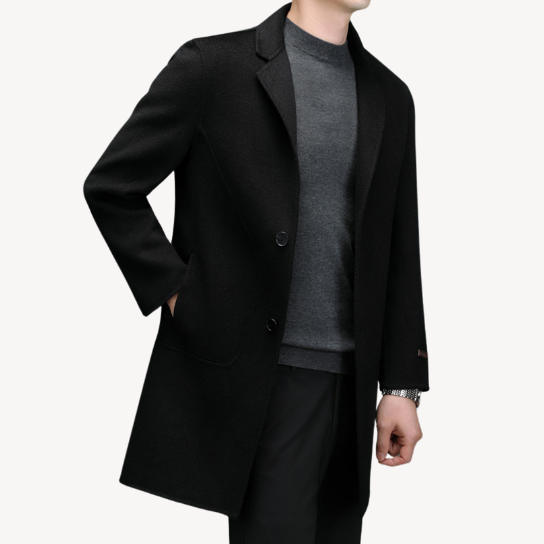 "Khaki men's wool blend overcoat, single-breasted, two-button style, tailored fit, perfect for winter warmth and elegance."