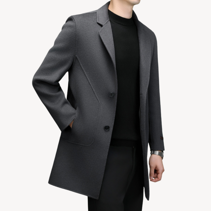 "Khaki men's wool blend overcoat, single-breasted, two-button style, tailored fit, perfect for winter warmth and elegance."