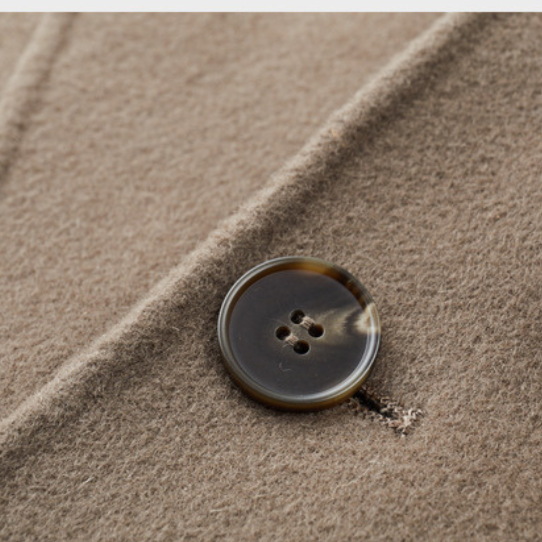 "Khaki men's wool blend overcoat, single-breasted, two-button style, tailored fit, perfect for winter warmth and elegance."