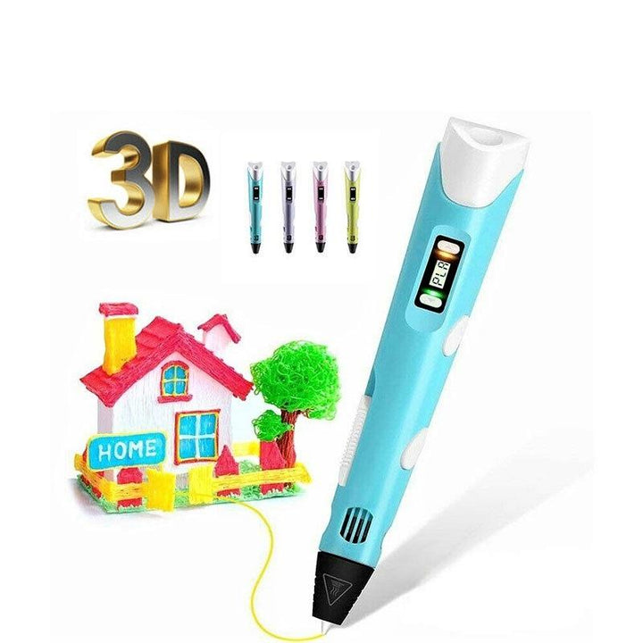 "Kids 3D printing pen with 20 colorful filaments in action, showcasing vibrant creations and easy setup for creativity."