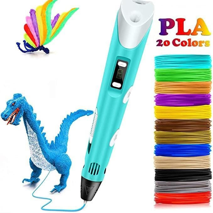 "Kids 3D printing pen with 20 colorful filaments in action, showcasing vibrant creations and easy setup for creativity."