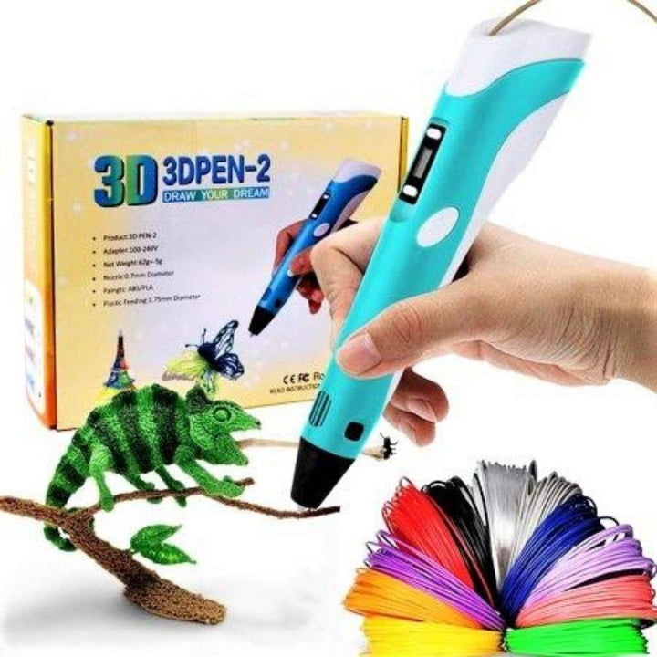 "Kids 3D printing pen with 20 colorful filaments in action, showcasing vibrant creations and easy setup for creativity."