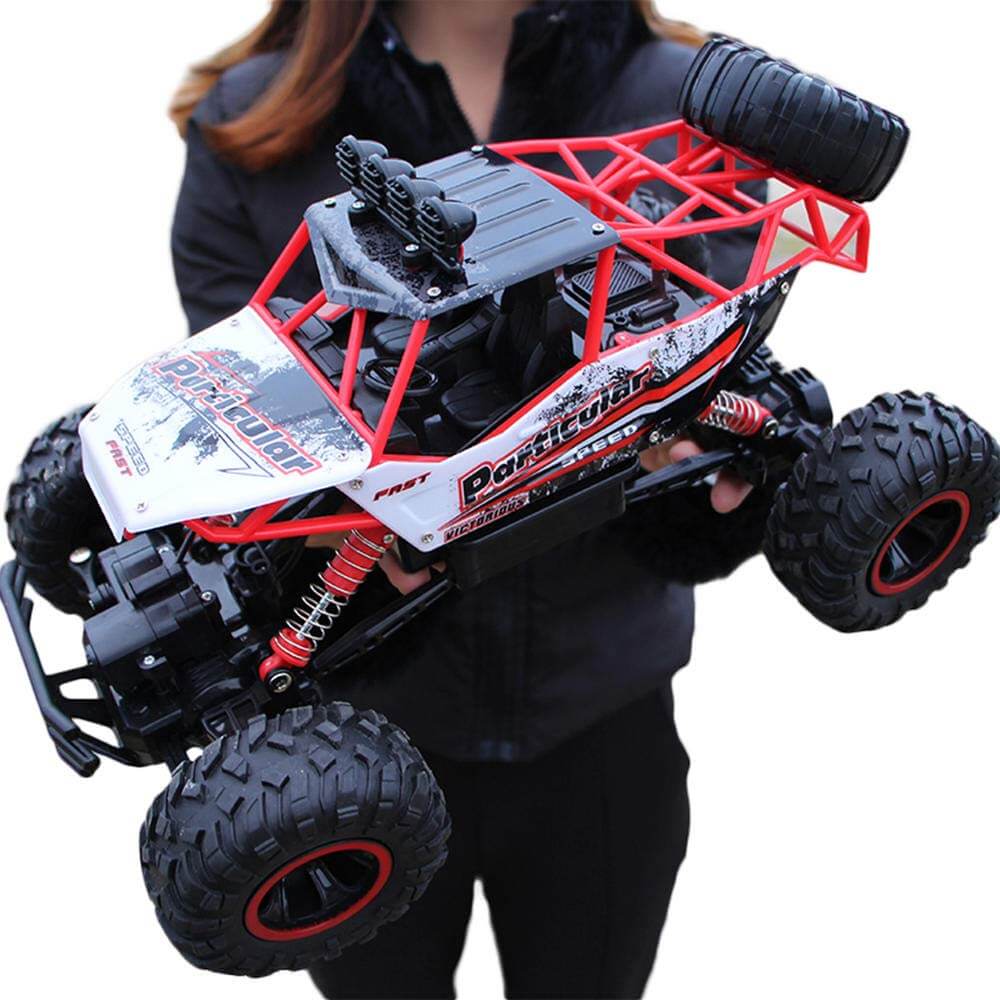 Exciting kids' RC toy car conquering rough terrain. Remote control off-road vehicle for thrilling outdoor play.